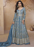 Sky blue Simar silk lehenga style suit with detailed embroidery and Gota Patti work