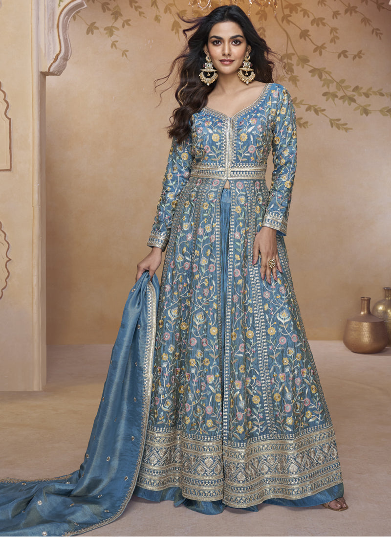 Sky blue Simar silk lehenga style suit with detailed embroidery and Gota Patti work
