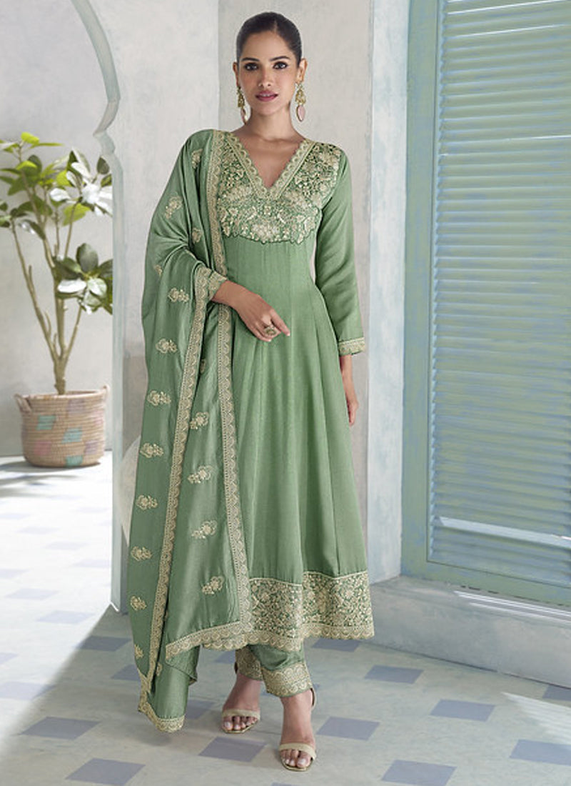 Parrot Green premium silk Anarkali suit with sequin embroidery and matching dupatta