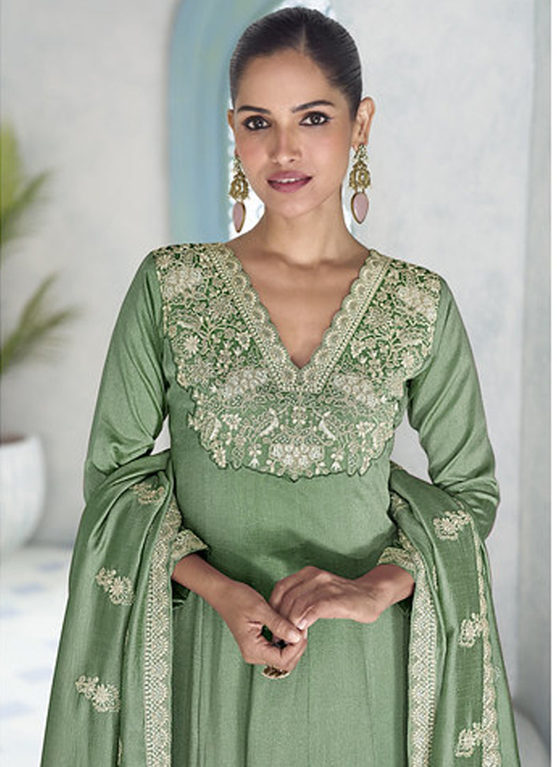 Parrot Green Silk Anarkali Suit with Sequin Embroidery & Dupatta