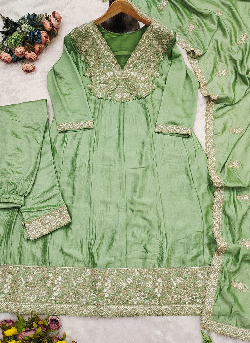 Parrot Green Silk Anarkali Suit with Sequin Embroidery & Dupatta