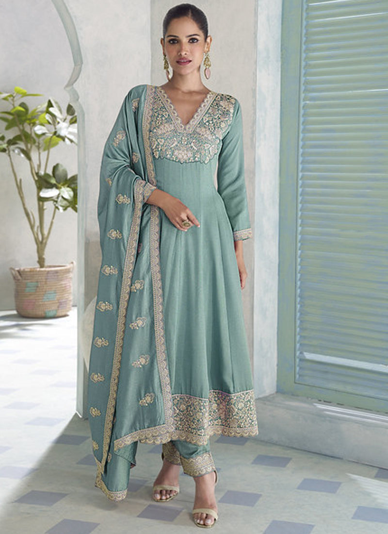 Sky blue premium silk Anarkali suit with sequence embroidery and matching dupatta.