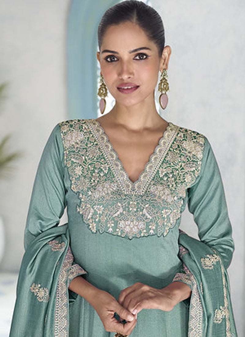 Sky Blue Premium Silk Embroidered Sequence Anarkali Suit