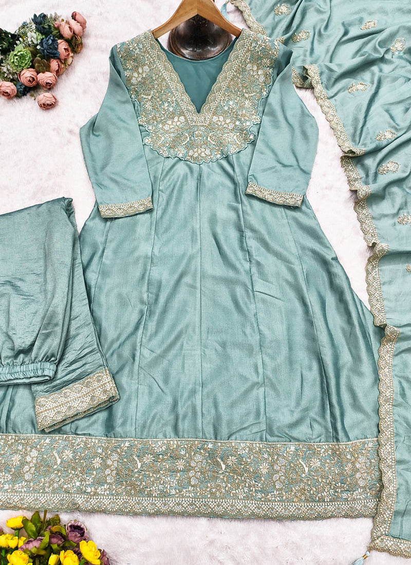 Sky Blue Premium Silk Embroidered Sequence Anarkali Suit
