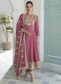 Onion pink Art Silk Anarkali suit with sequence embroidery and included bottom and dupatta.