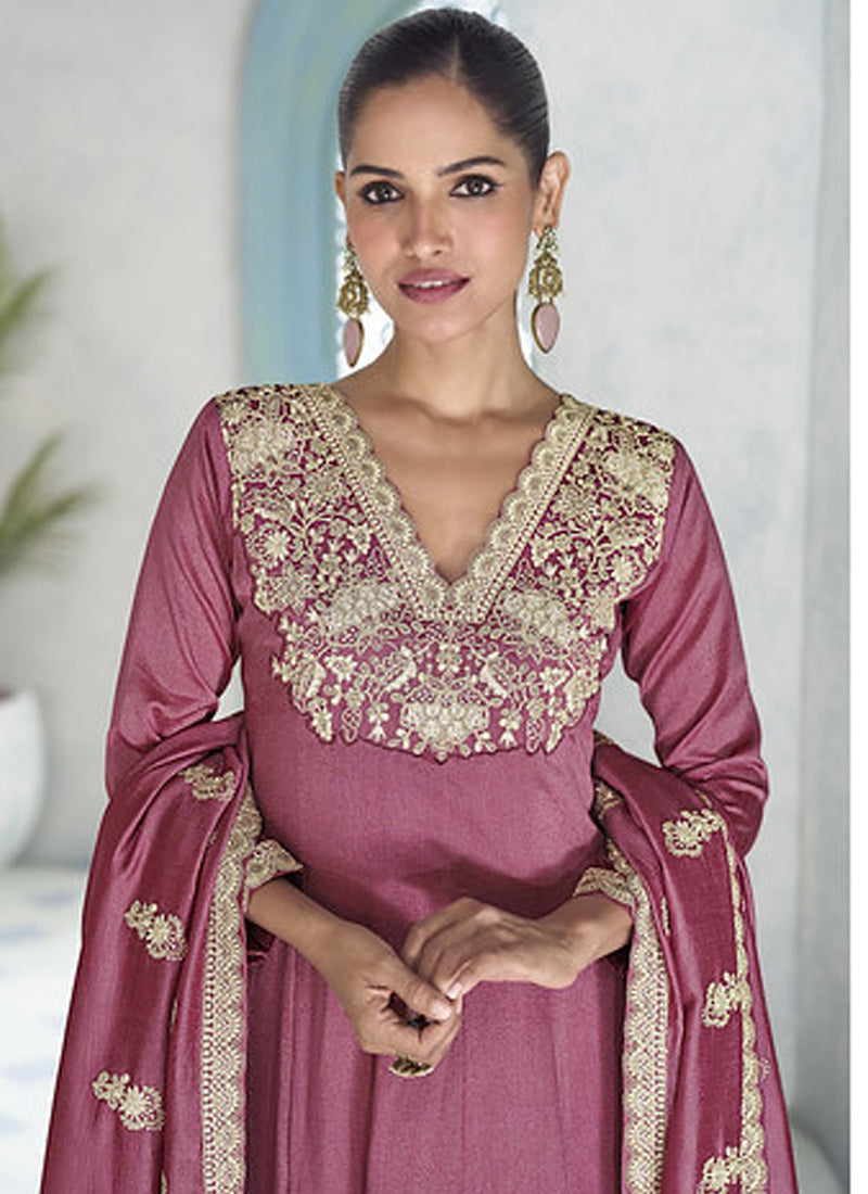 Onion Pink Premium Silk Embroidered Sequence Anarkali Suit