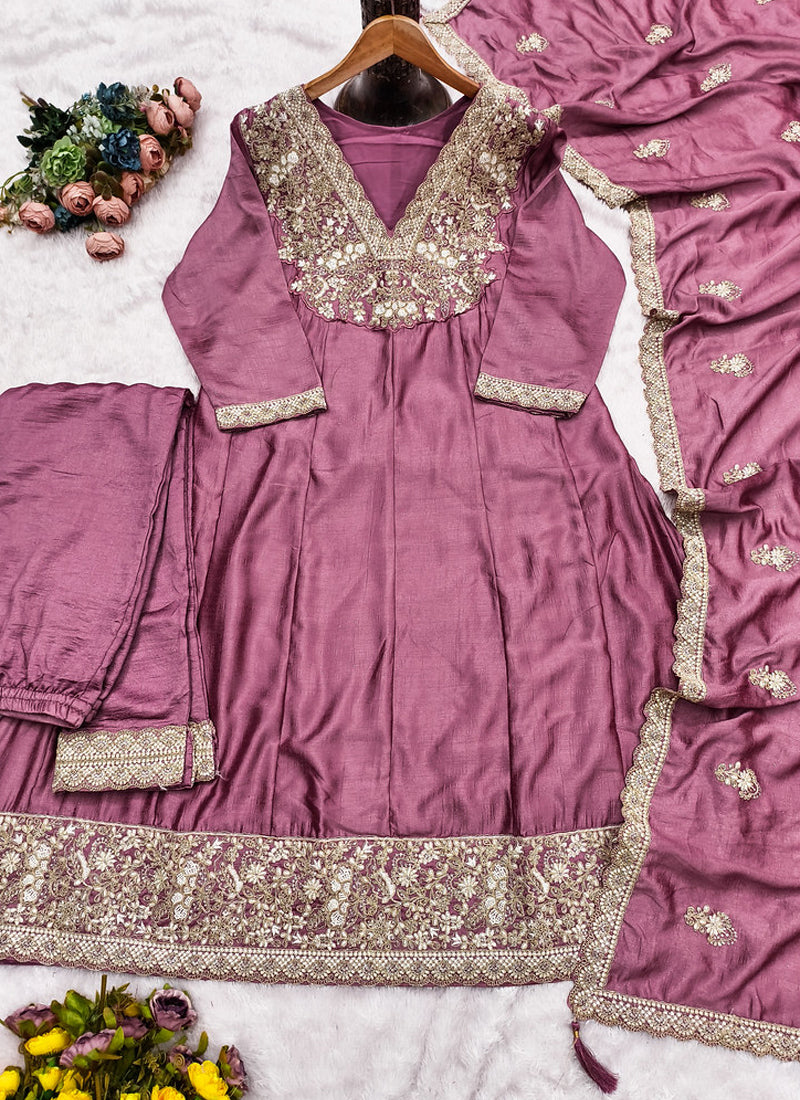 Onion Pink Premium Silk Embroidered Sequence Anarkali Suit