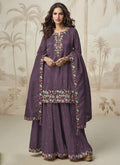 Violet simar silk palazzo suit featuring floral embroidery and gold accents for formal events.
