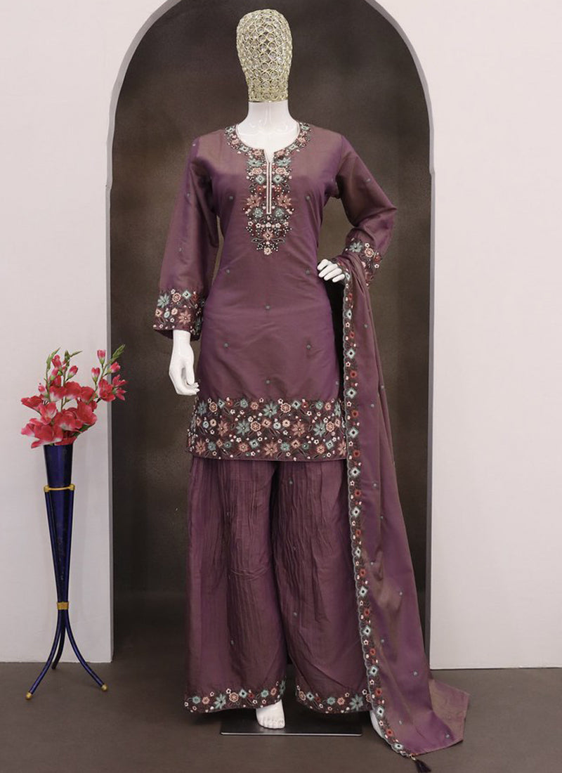 Violet Floral Simar Silk Embroidered Palazzo Suit
