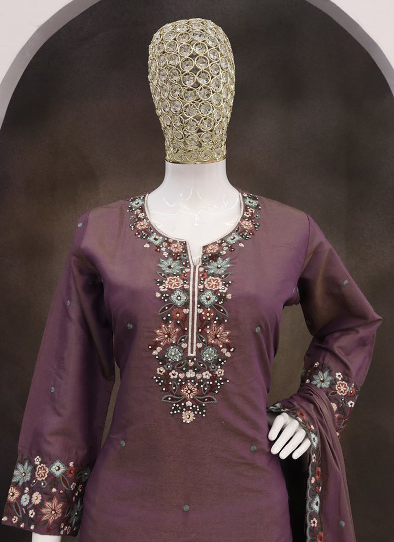 Violet Floral Simar Silk Embroidered Palazzo Suit