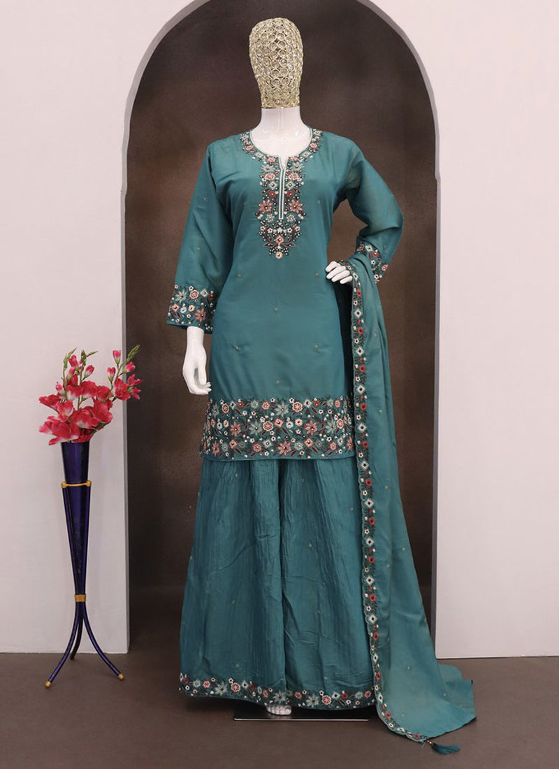Turquoise Simar Silk Embroidered Palazzo Suit