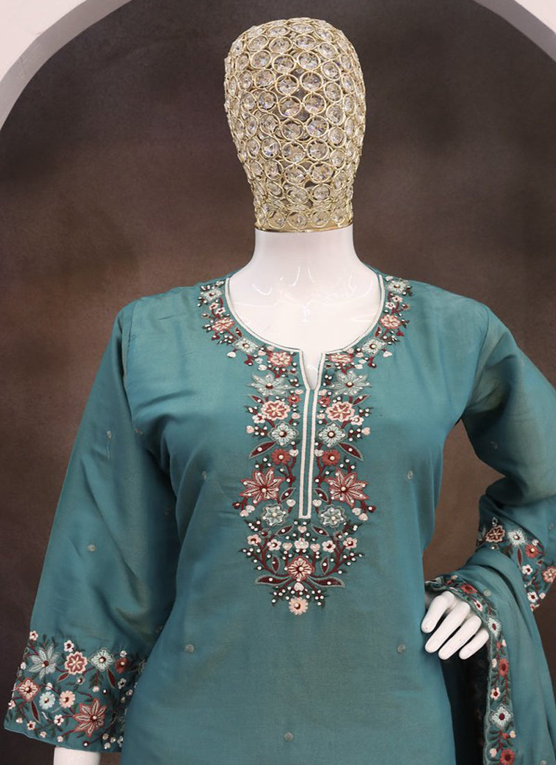 Turquoise Simar Silk Embroidered Palazzo Suit