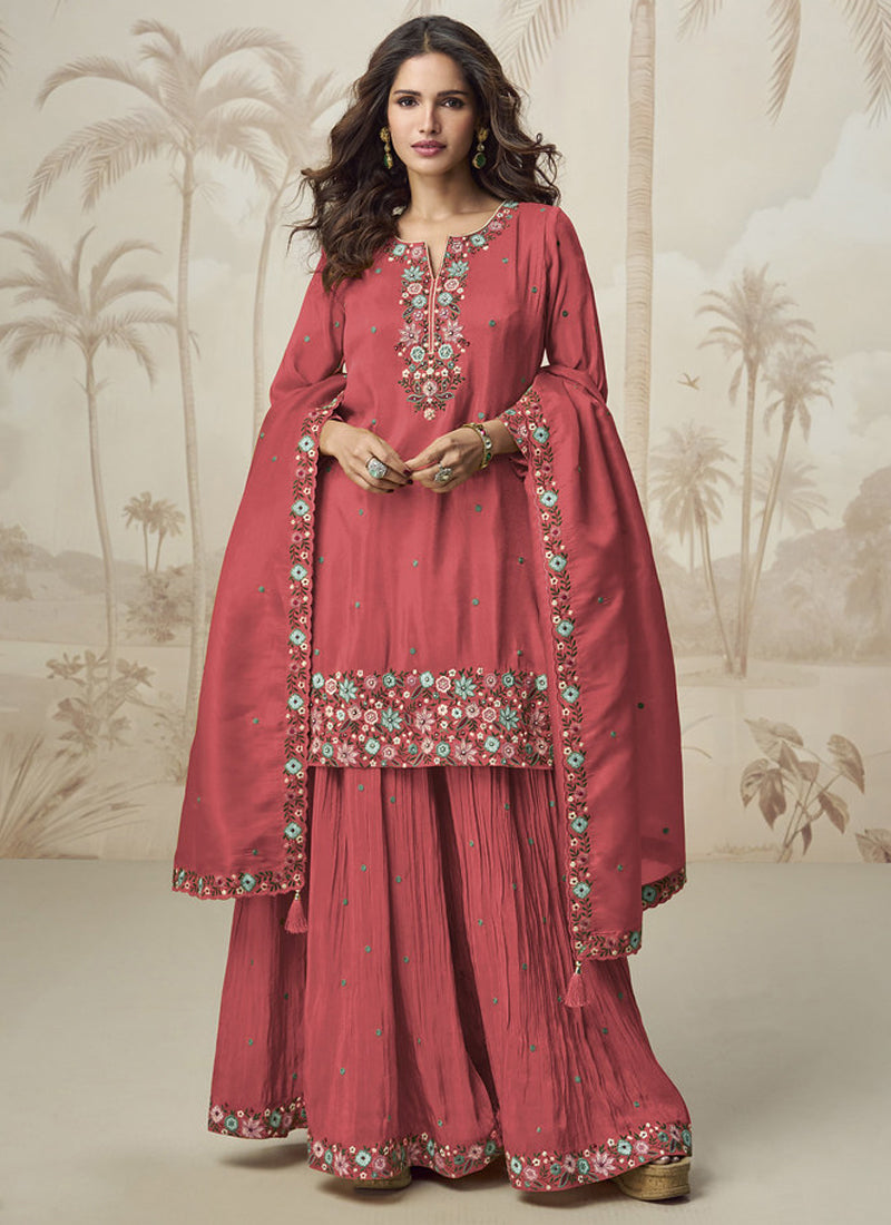 Gajri colored Simar Silk palazzo suit with intricate embroidery and gota patti work