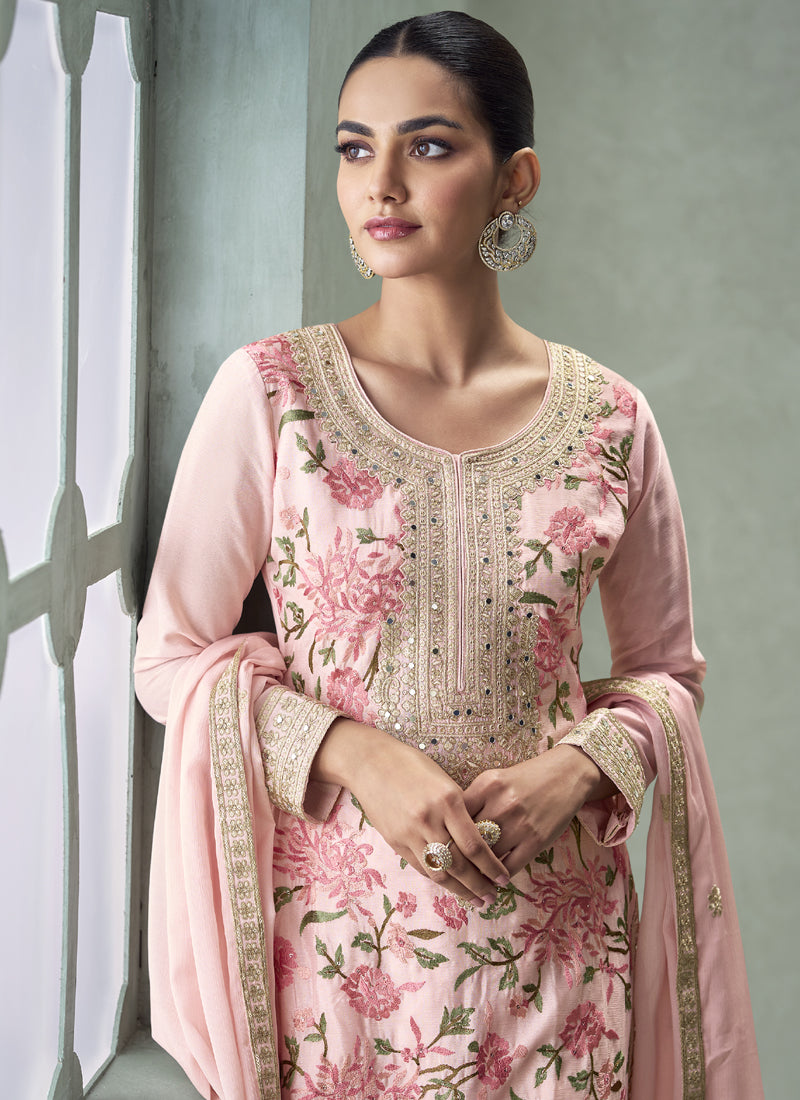 Baby Pink Chinon Silk Embroidered Palazzo Suit for Special Events