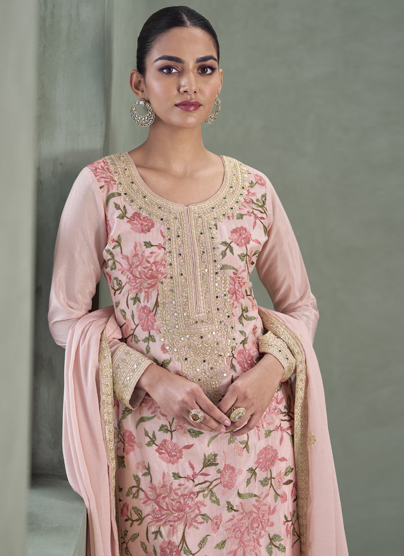Baby Pink Chinon Silk Embroidered Palazzo Suit for Special Events