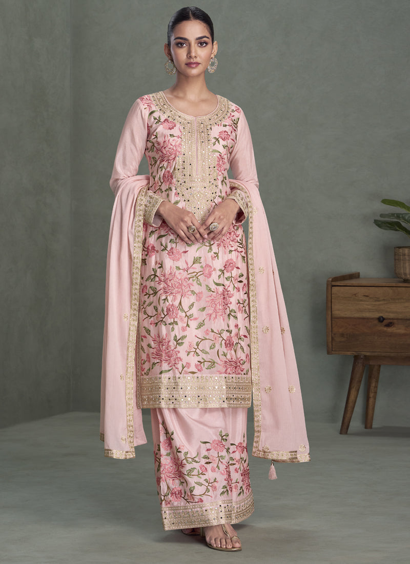 Baby pink Chinon silk palazzo suit with intricate gota patti embroidery for girls