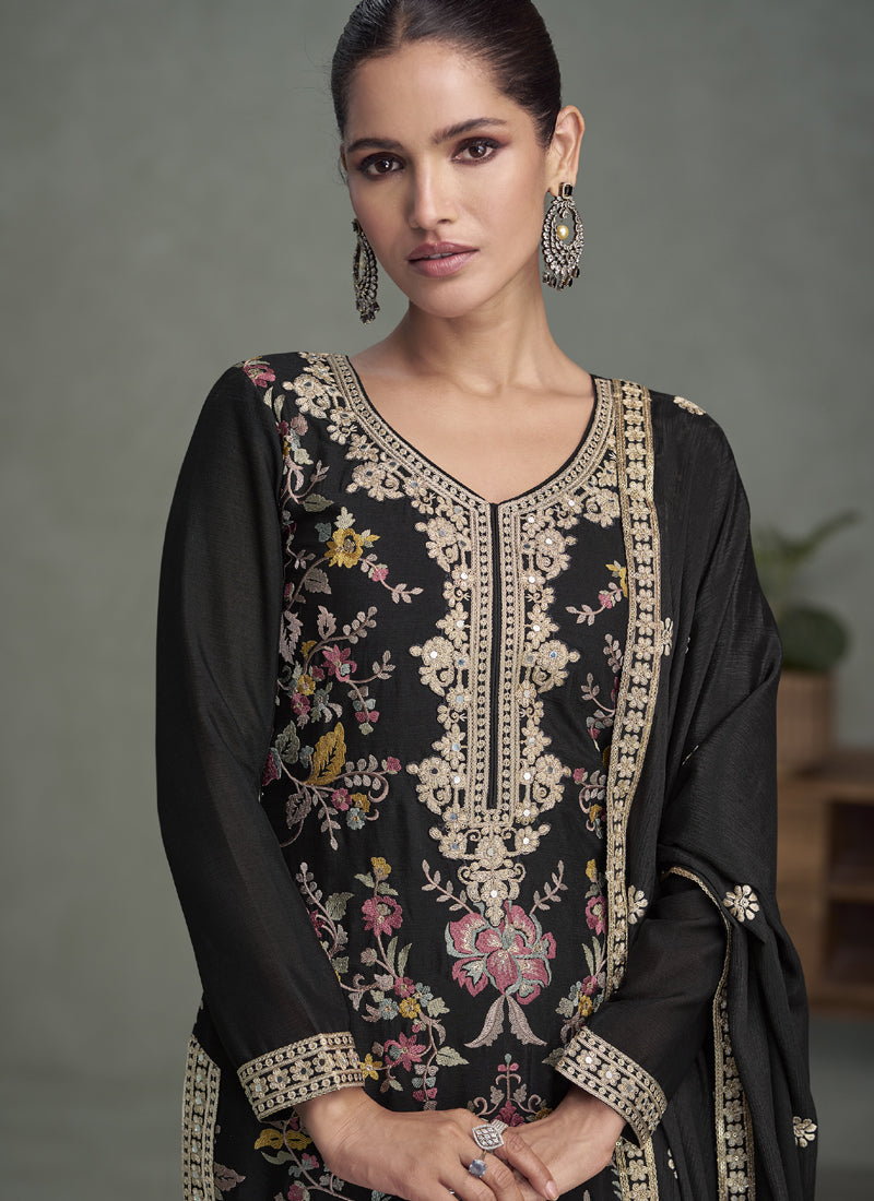 Black Chinon Silk Embroidered Palazzo Suit for Festive Occasions