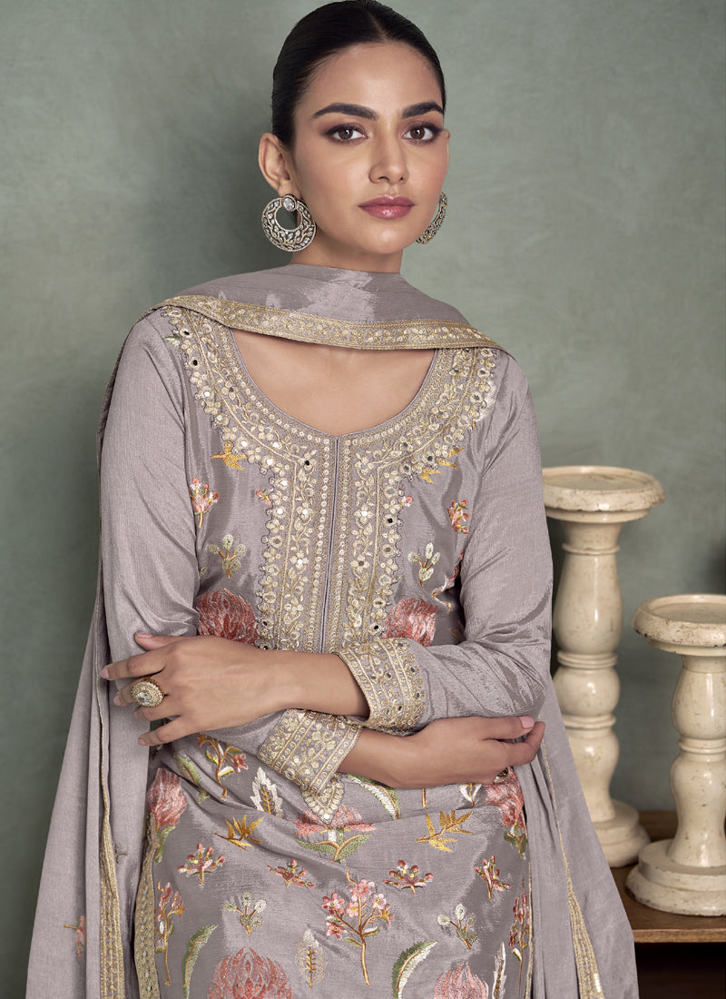 Grey Chinon Silk Embroidered Palazzo Suit