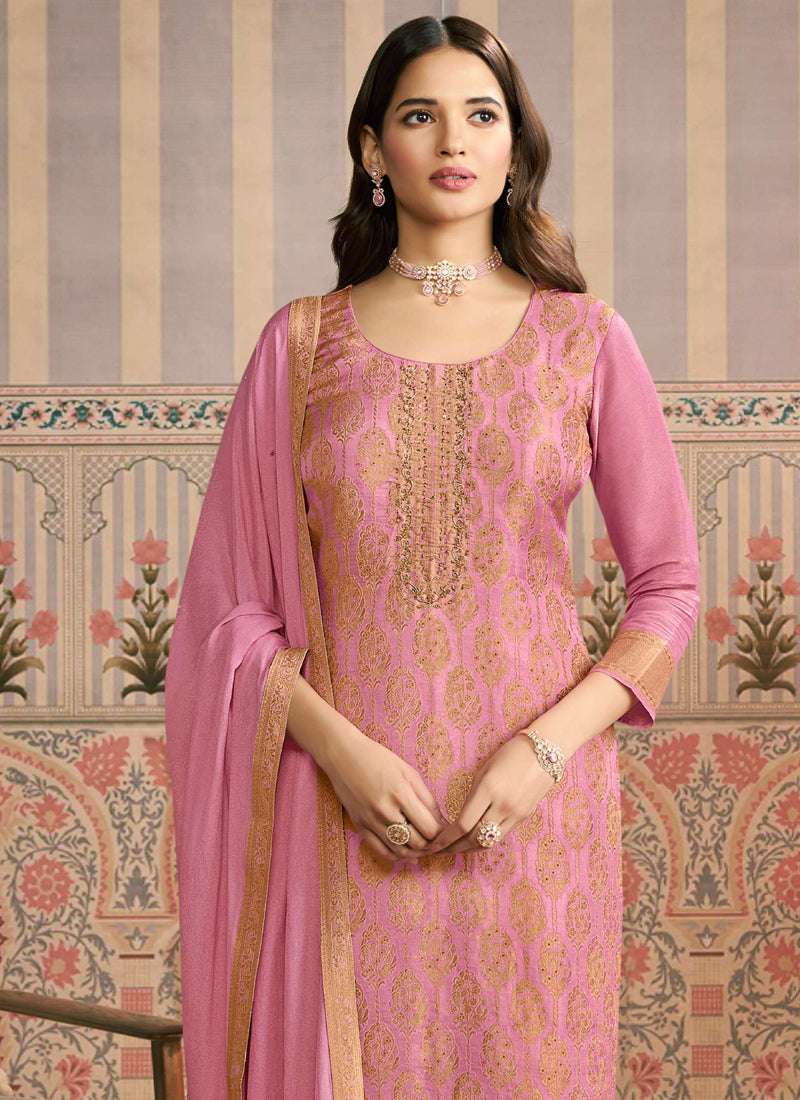 Light Pink Jacquard Silk Hand Work Designer Salwar Suit