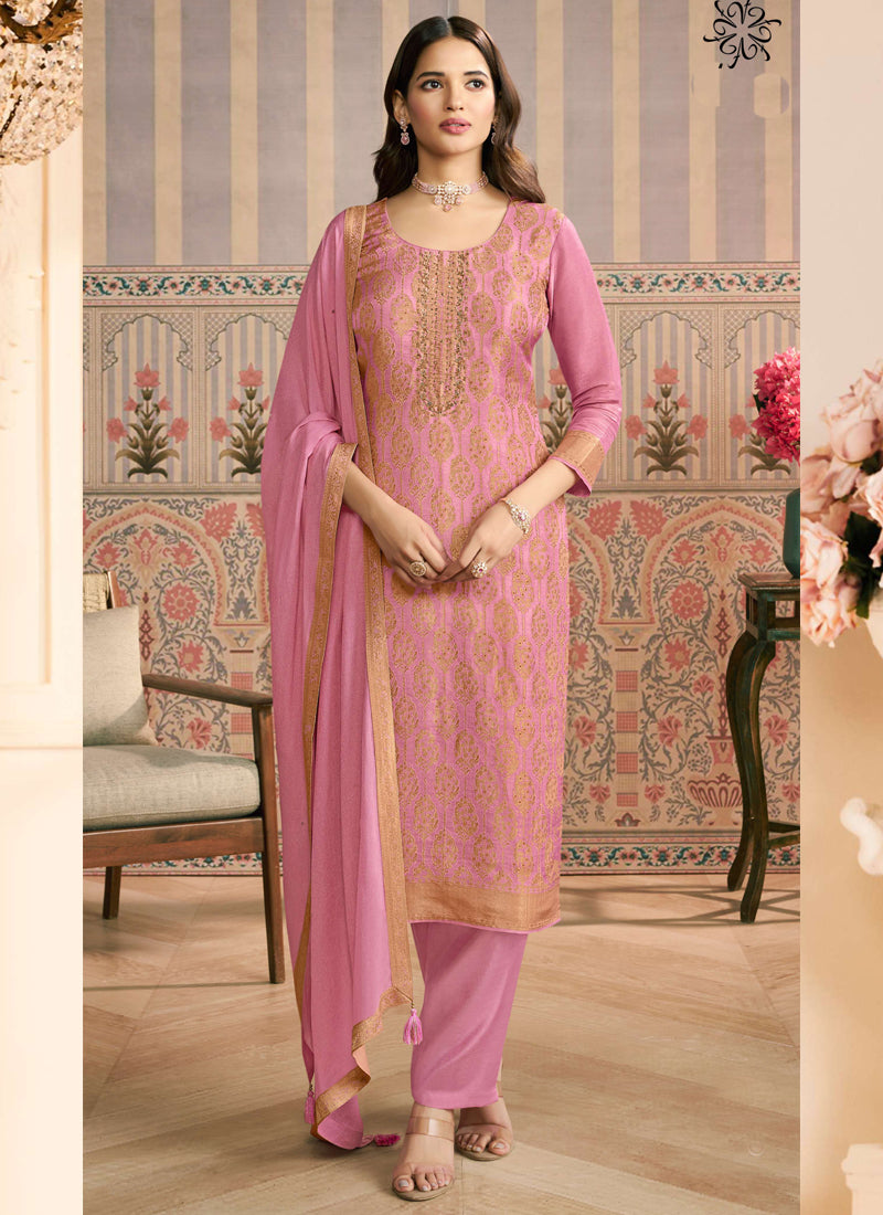 Light pink jacquard silk designer salwar suit featuring intricate hand work embroidery