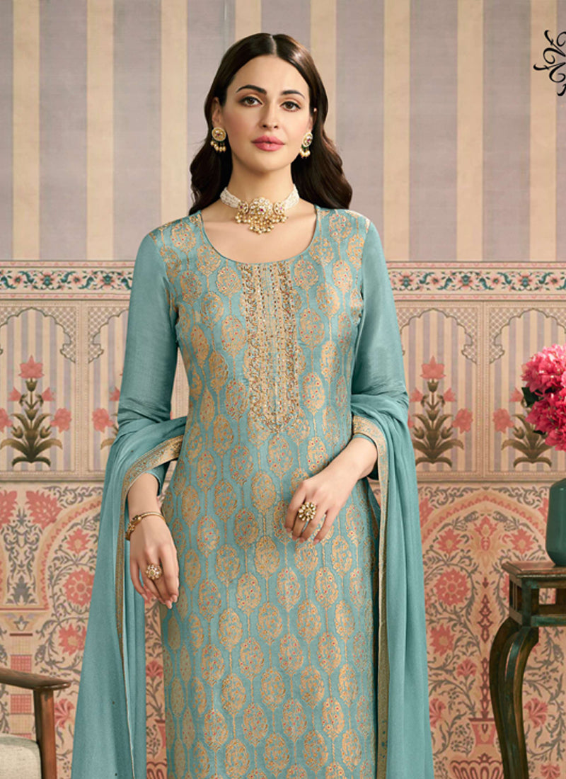 Light Blue Jacquard Silk Hand Work Designer Salwar Suit