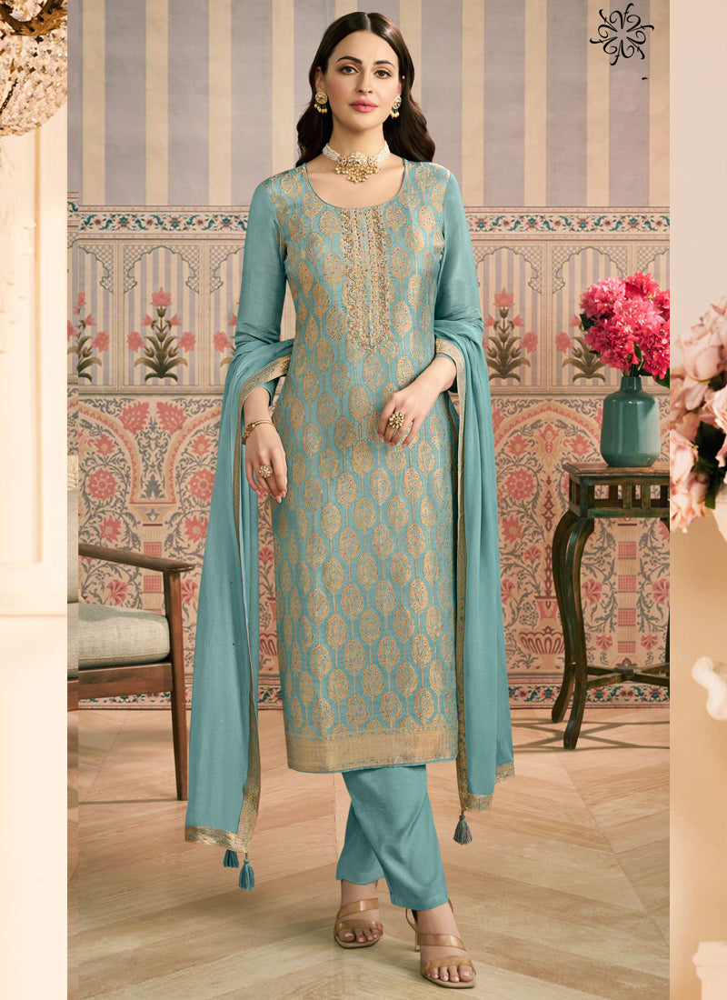 Light blue jacquard silk designer salwar suit with intricate hand-work embroidery.