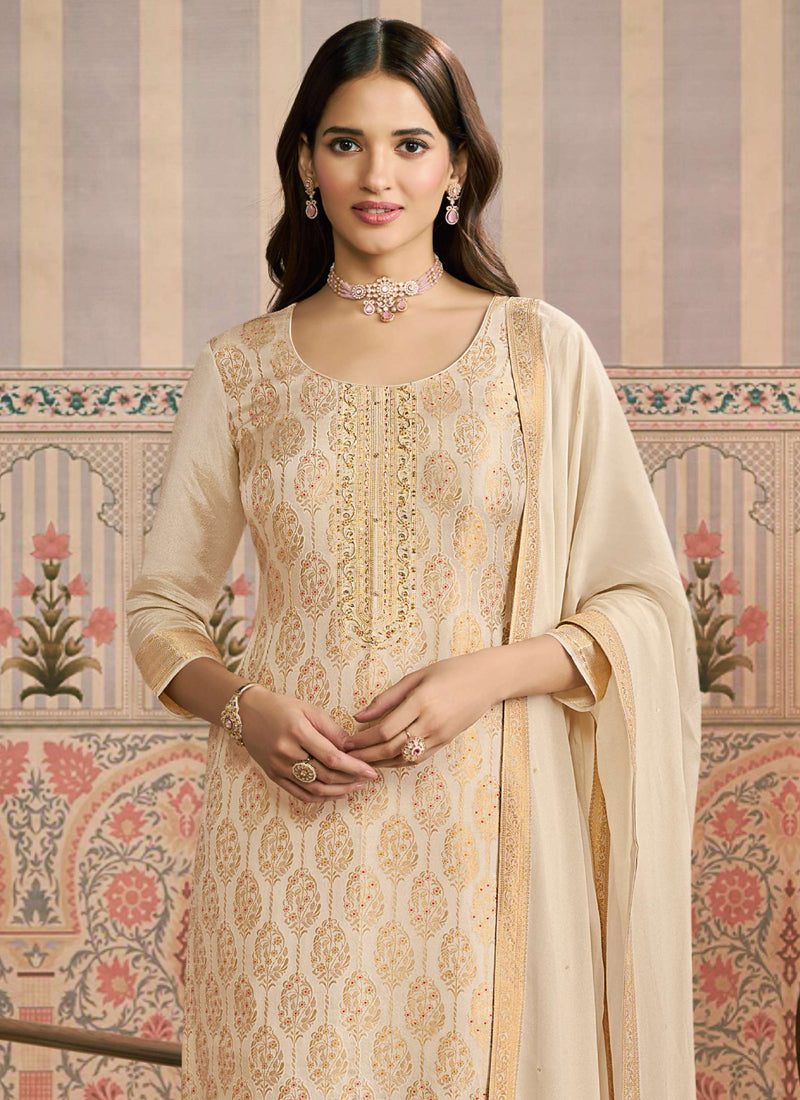 Off White Jacquard Silk Hand Work Designer Salwar Suit