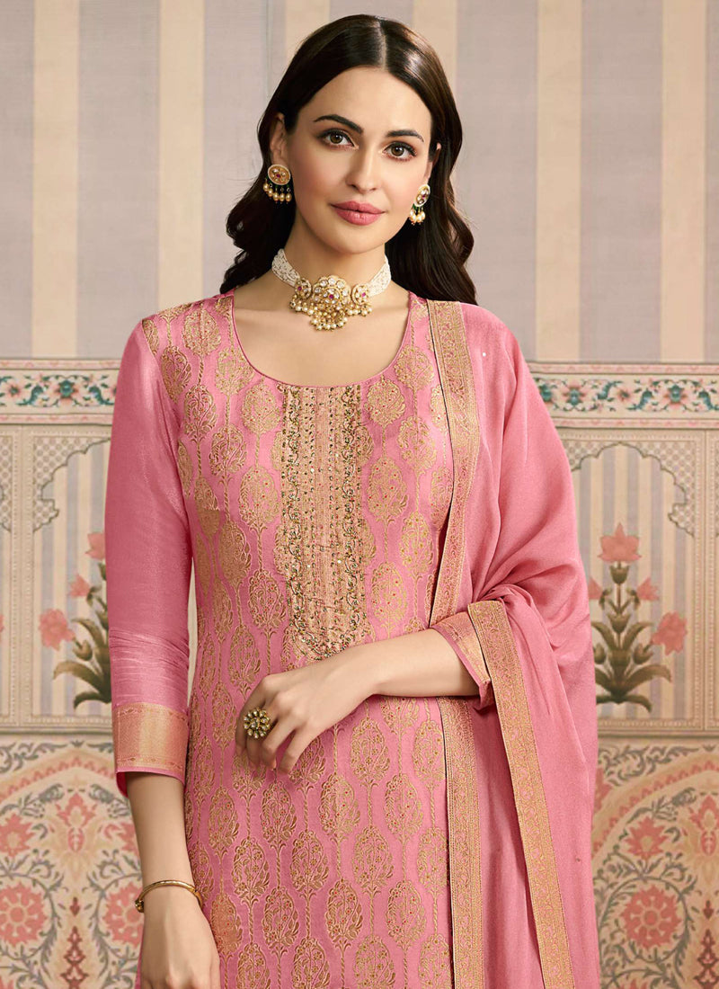 Pink Jacquard Silk Hand Work Designer Salwar Suit Set