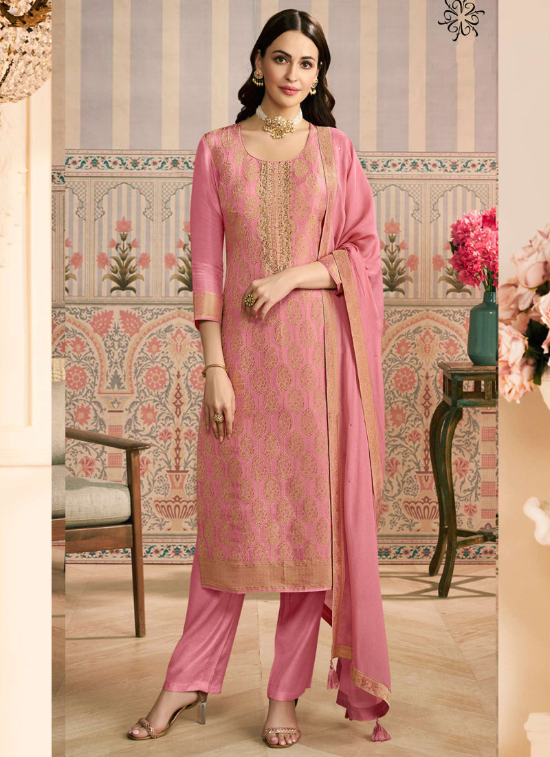 Elegant Pink Jacquard Silk designer salwar suit with intricate hand-worked embroidery and Gota Patti detailing.