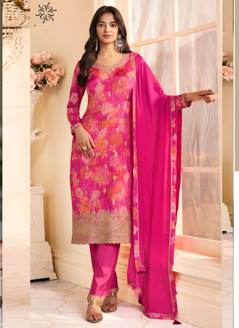 Elegant pink Chinon silk salwar suit with intricate Gota Patti embroidery and digital print