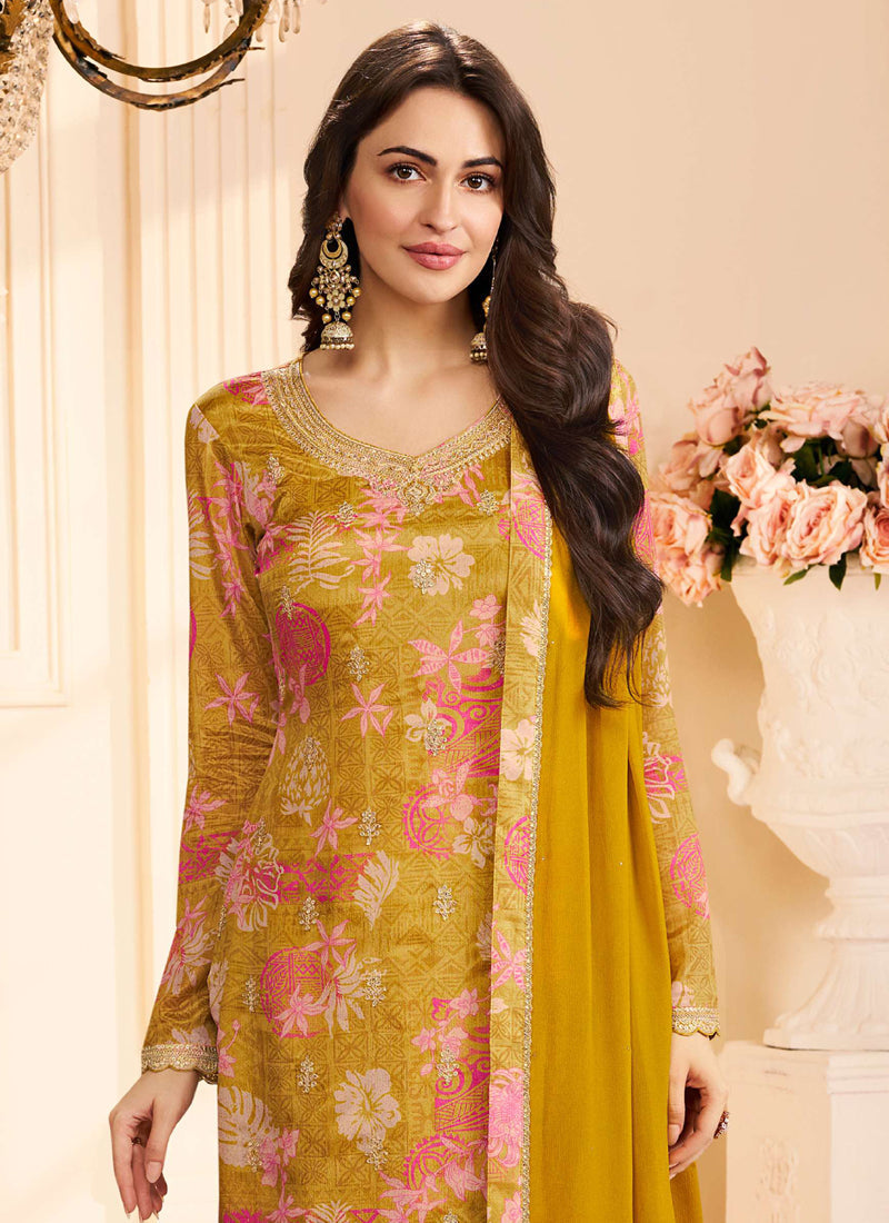 Yellow Chinon Silk Embroidered Digital Print Salwar Suit