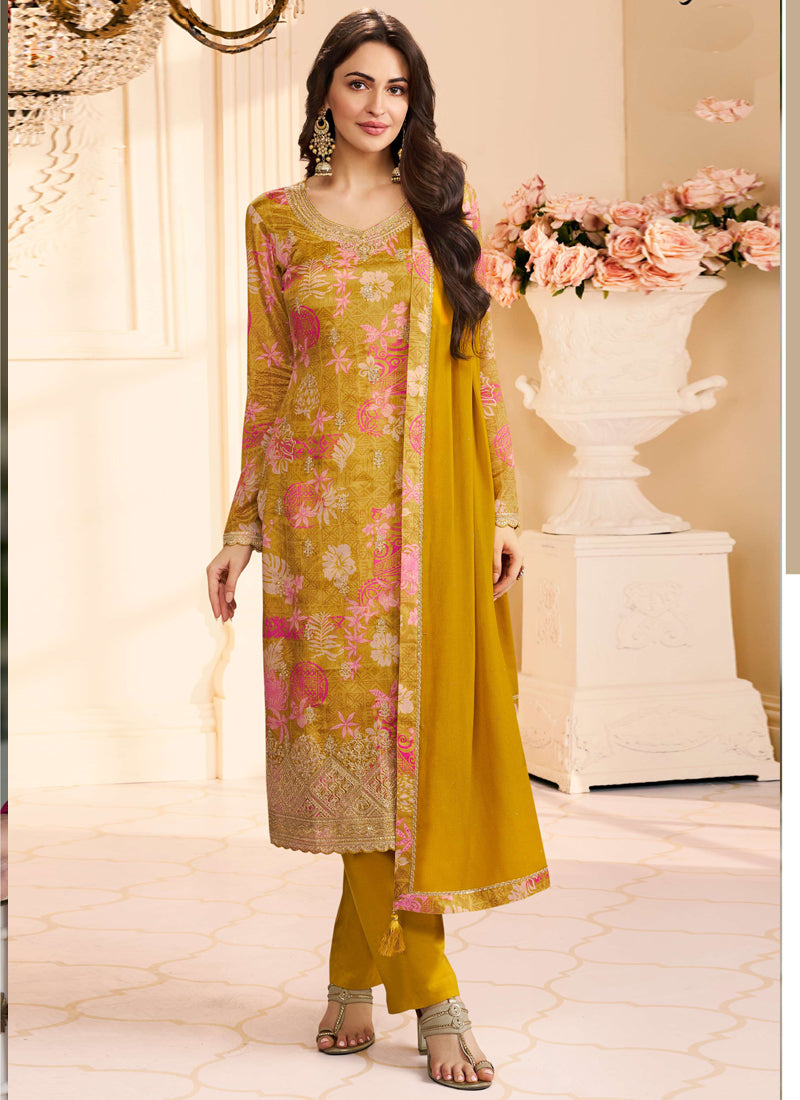 Yellow chinon silk salwar suit with digital prints, embroidery, and gota patti work