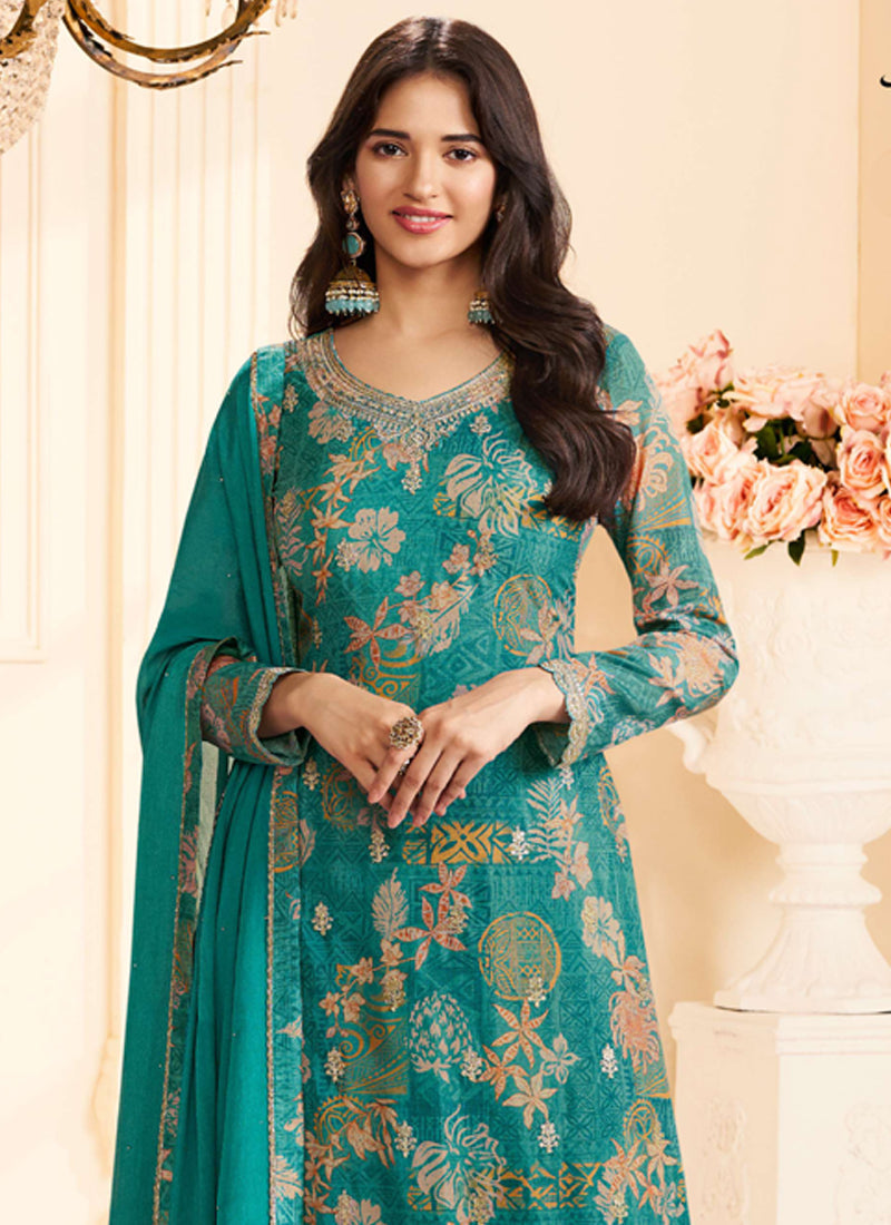 Turquoise Chinon Silk Embroidered Salwar Suit with Digital Print