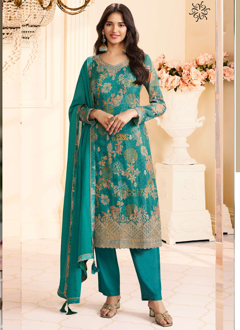 Turquoise Chinon silk salwar suit with Gota Patti embroidery and digital print design