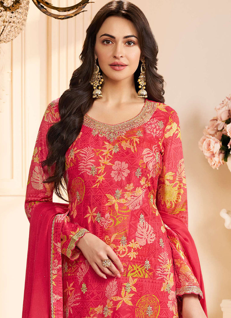 Red Chinon Silk Embroidered Digital Print Salwar Suit Set