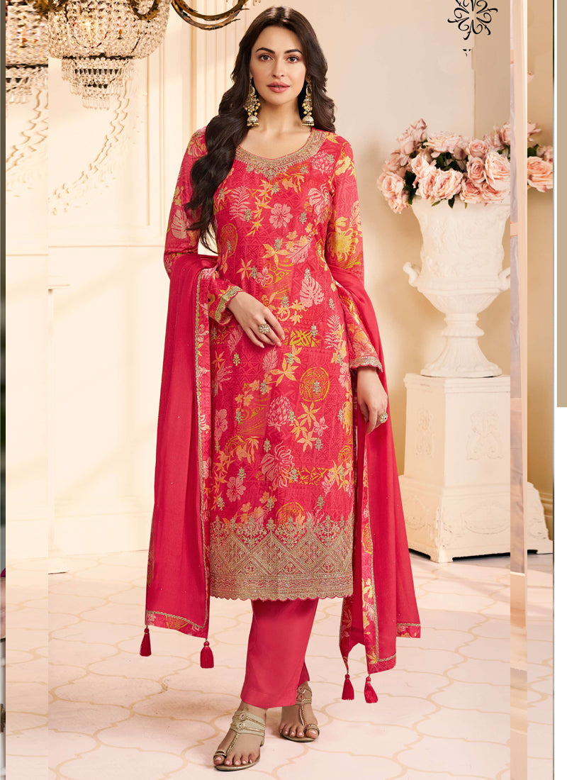 Elegant red Chinon silk salwar suit featuring intricate embroidery and digital print for wedding wear.