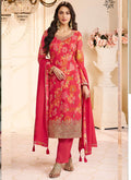 Elegant red Chinon silk salwar suit featuring intricate embroidery and digital print for wedding wear.