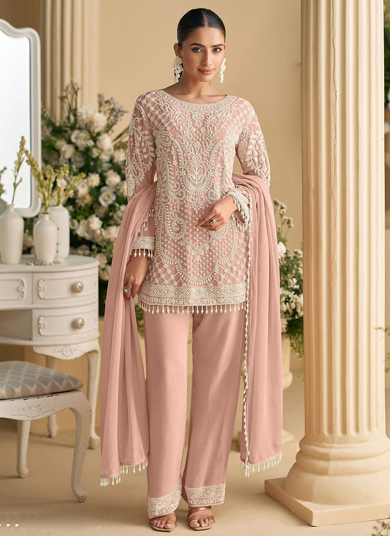 Light peach georgette salwar suit with beadwork and embroidery for weddings