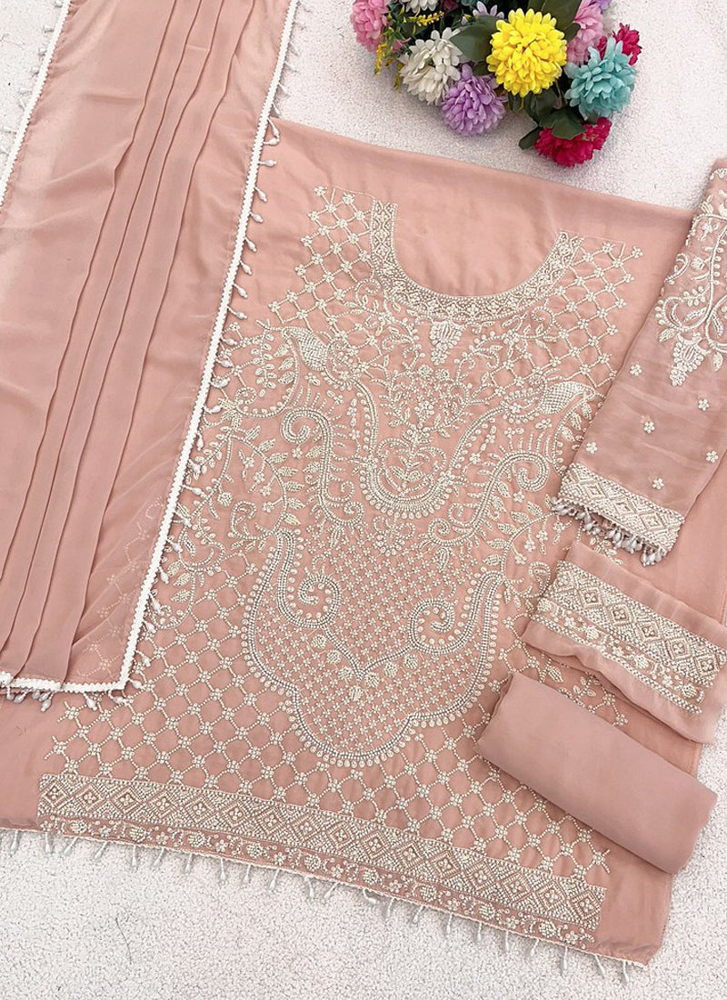 Light Peach Georgette Embroidered Beads Designer Salwar Suit