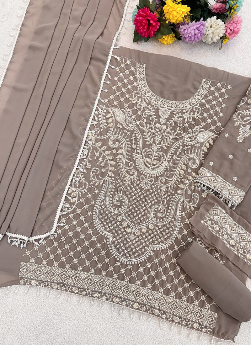 Light Brown Georgette Embroidered Beads Designer Salwar Suit