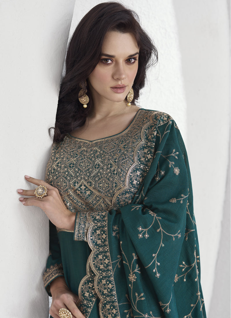 Teal Vichitra Silk Sequence Anarkali Suit with Matching Dupatta