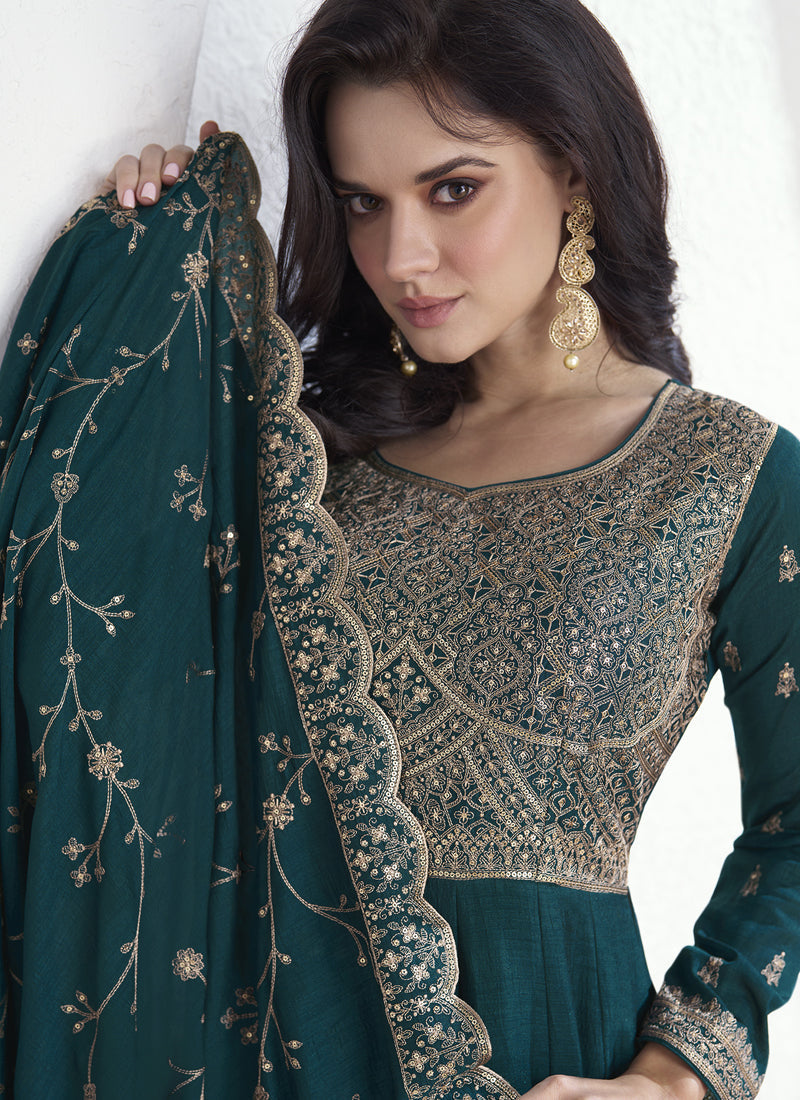 Teal Vichitra Silk Sequence Anarkali Suit with Matching Dupatta