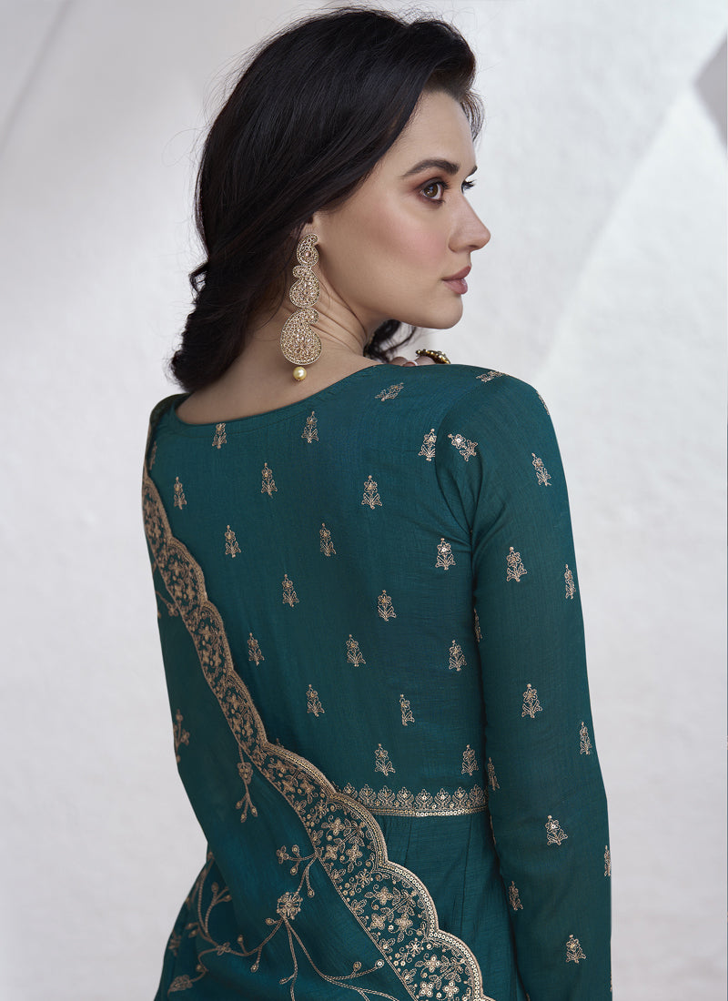 Teal Vichitra Silk Sequence Anarkali Suit with Matching Dupatta