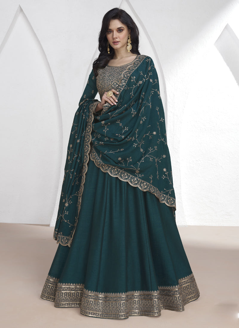 Teal Vichitra Silk Anarkali suit with sequence detailing and matching dupatta