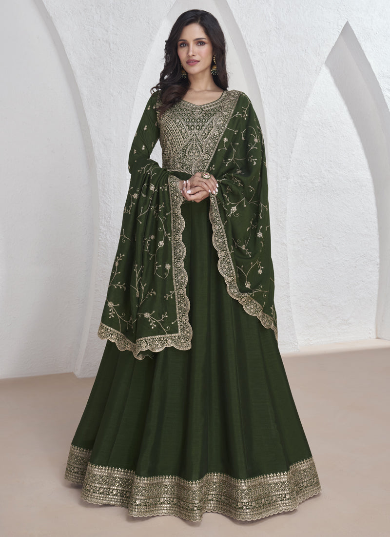 Dark Green Vichitra Silk Sequence Anarkali Suit Set