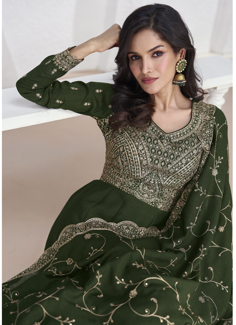 Dark Green Vichitra Silk Sequence Anarkali Suit Set