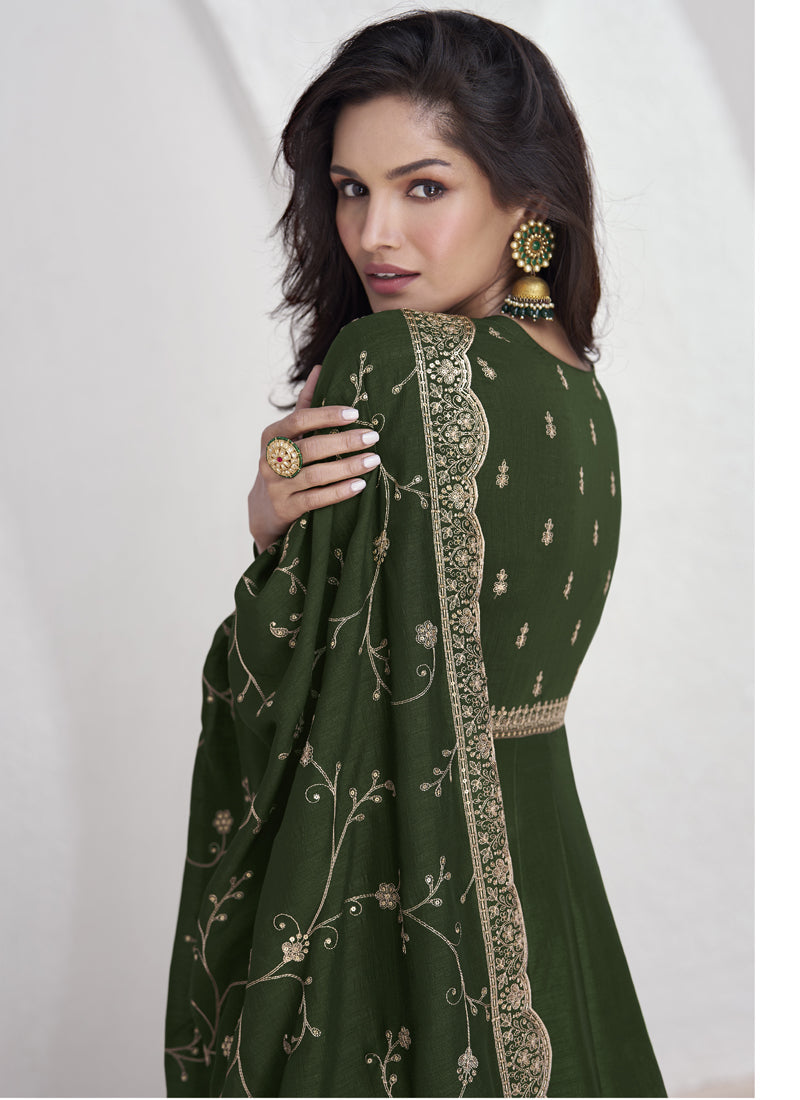 Dark Green Vichitra Silk Sequence Anarkali Suit Set