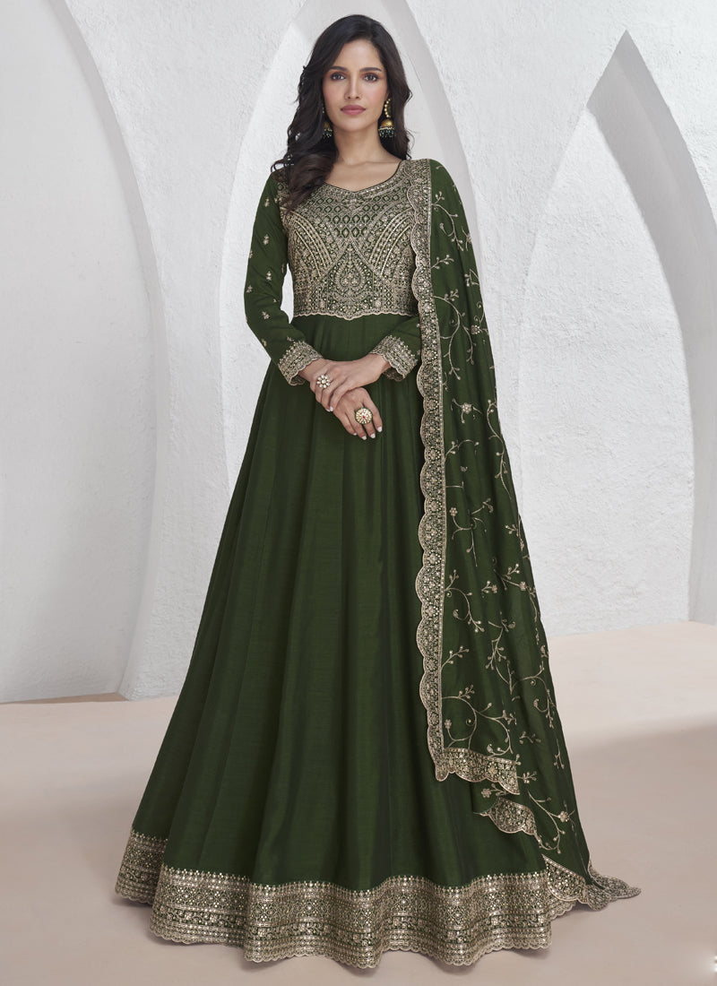 Dark green Vichitra silk Anarkali suit with gold sequence embroidery, including dupatta and bottom.
