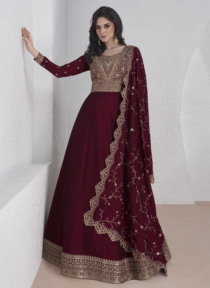 Maroon Vichitra Silk Anarkali Suit with Sequin Embroidery