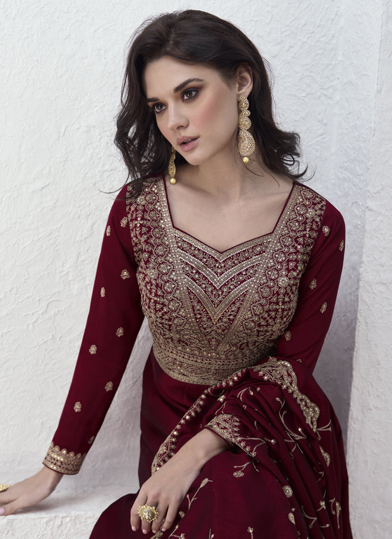 Maroon Vichitra Silk Anarkali Suit with Sequin Embroidery